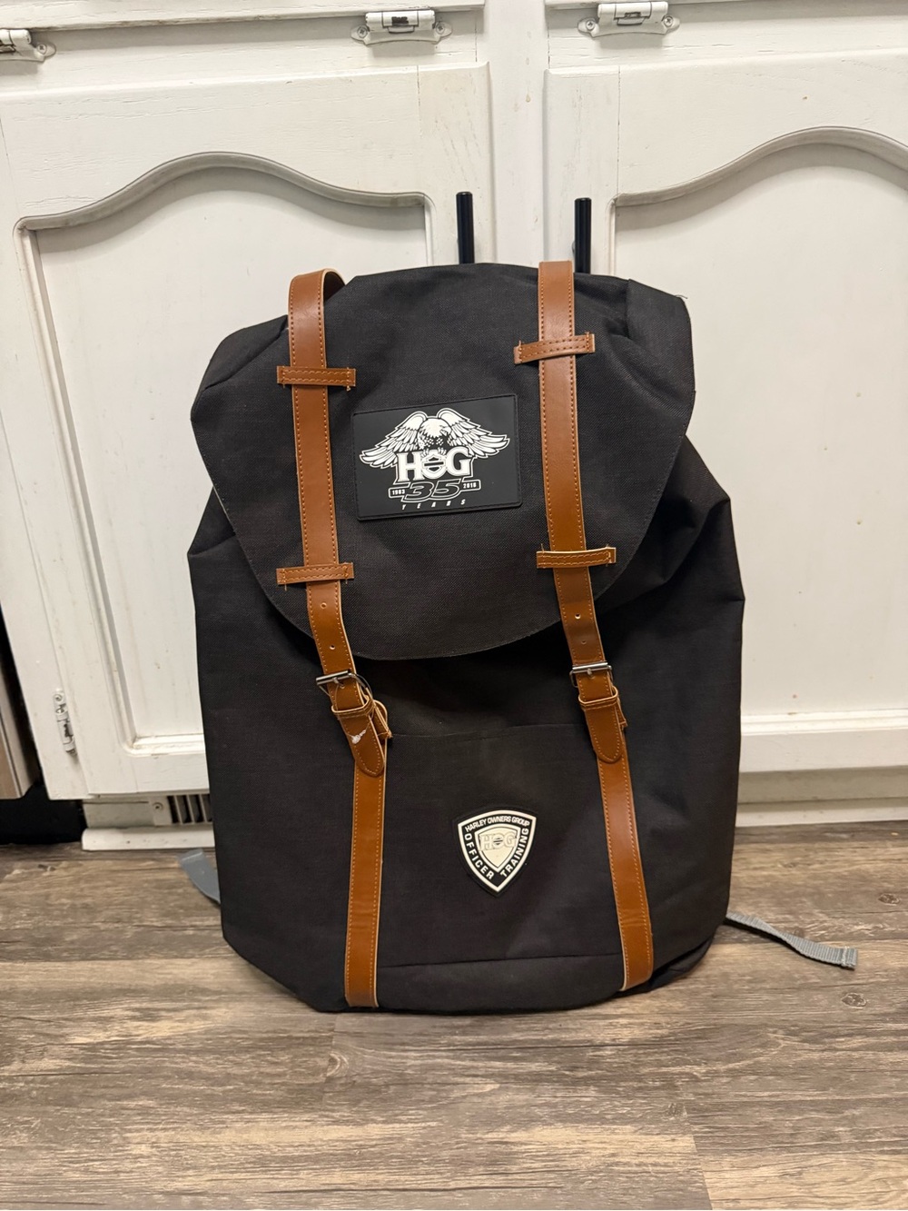 HOG 35 Years Officer Training Black Canvas Backpack with Brown Trim